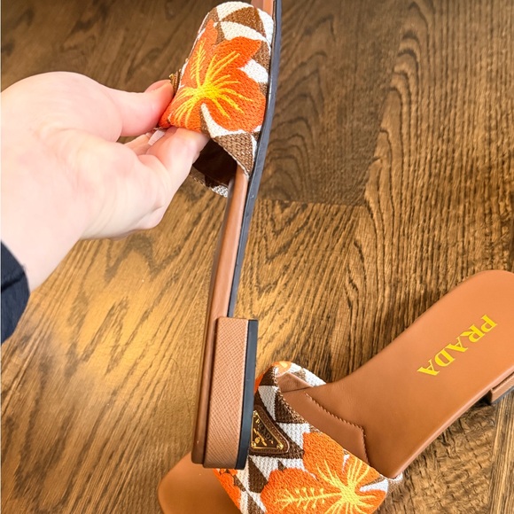 Prada Orange Floral Patterned Slide Mules - Picture 5 of 8